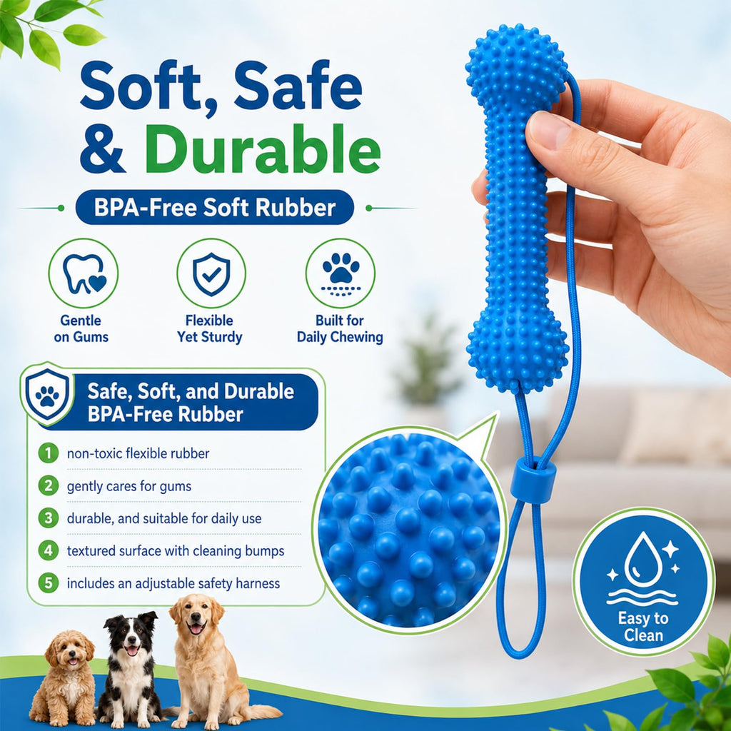 Soft flexible TPR dog dental chew toy with textured surface