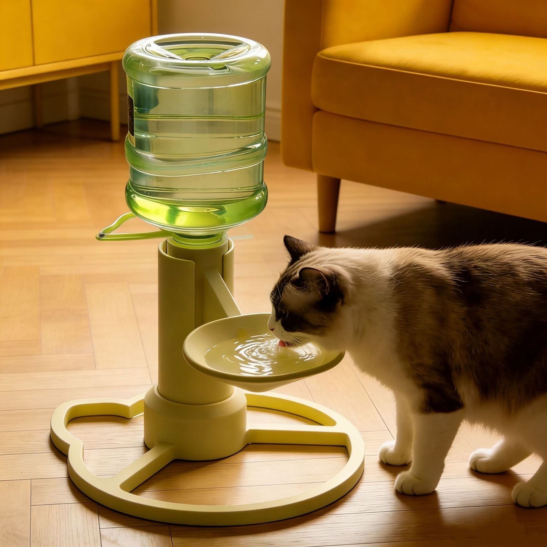 Cat drinking from PawHydrate non-electric gravity water fountain