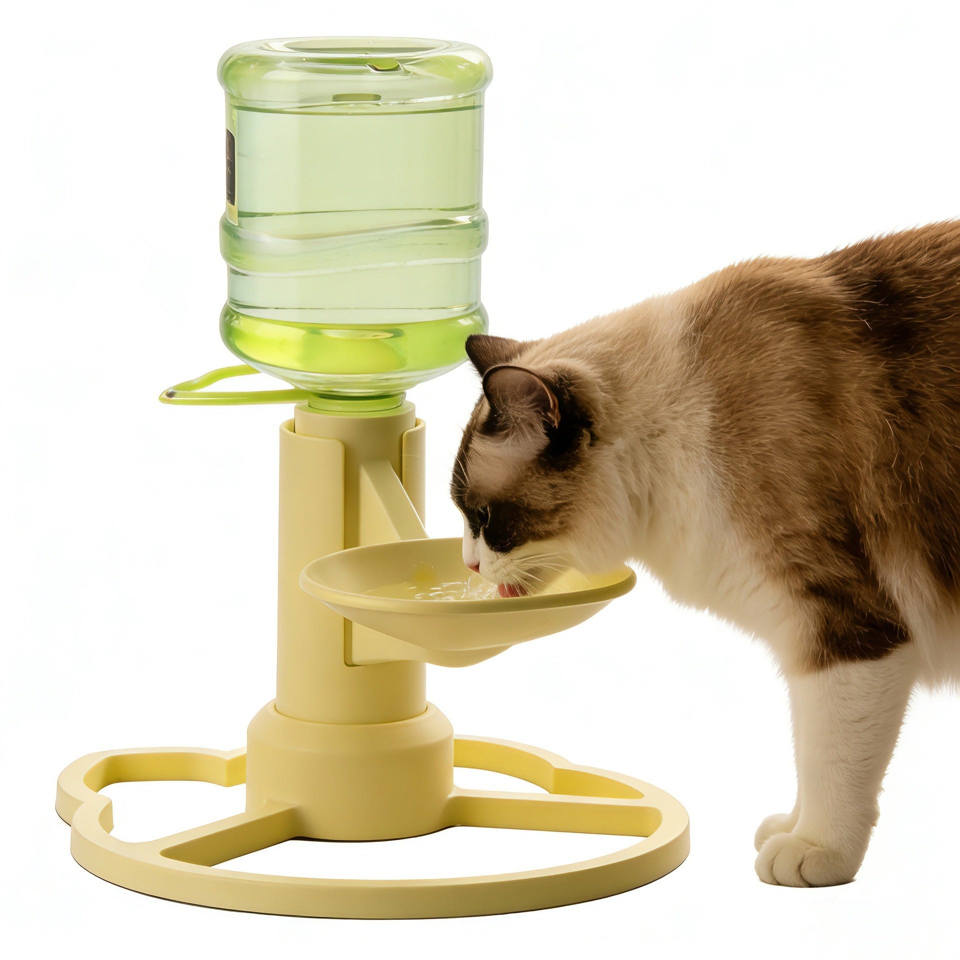 Cat drinking from yellow PawHydrate non-electric water fountain