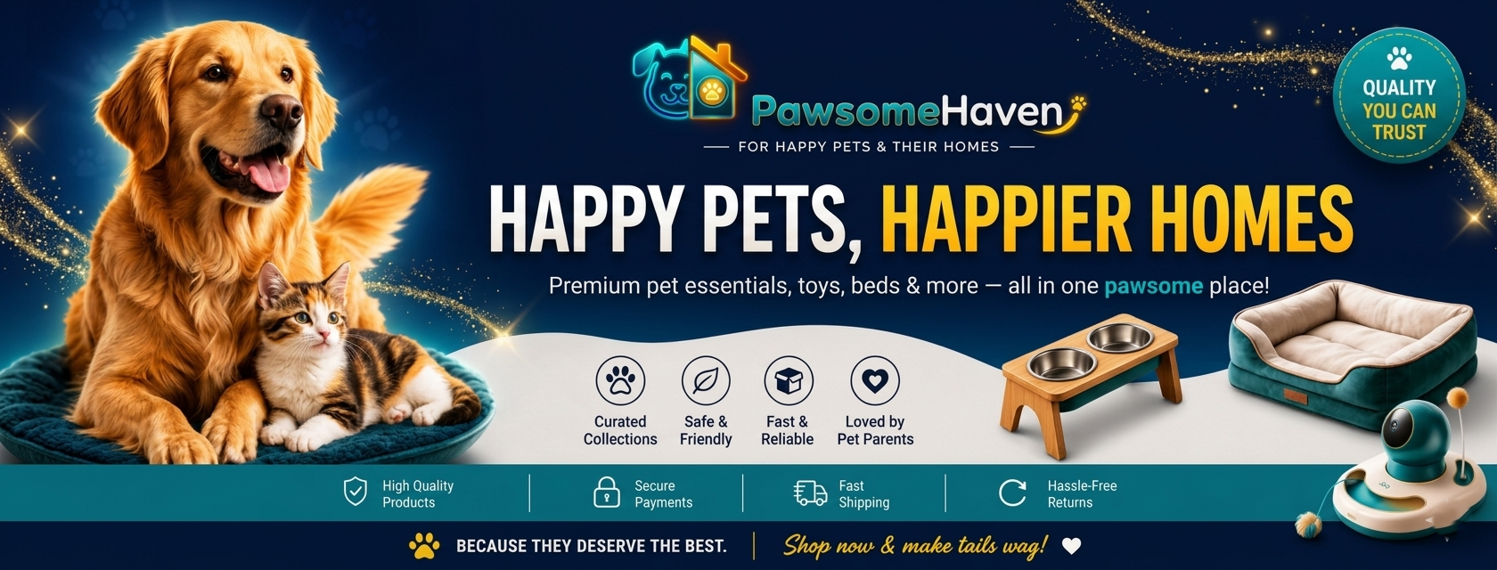 PawsomeHaven brand banner featuring a golden retriever dog and a cat on a blue background.