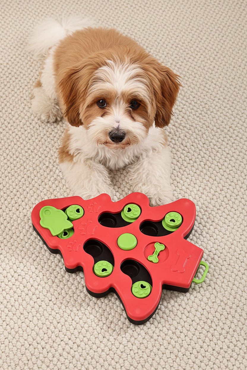 Dog using an interactive enrichment puzzle toy with hidden treat compartments