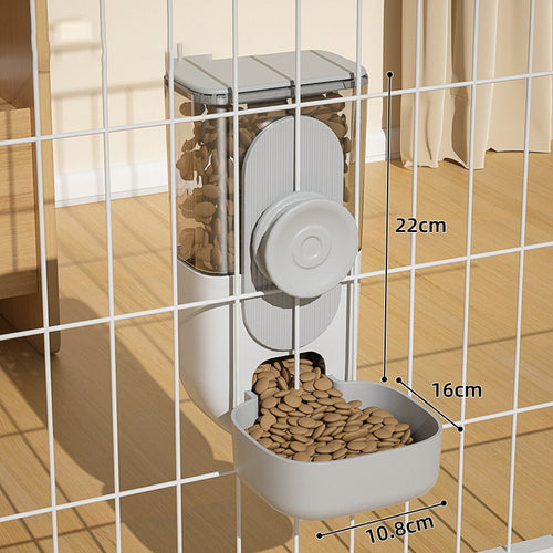Round PawFeast™ gravity pet feeder and water dispenser mounted on a small pet cage.