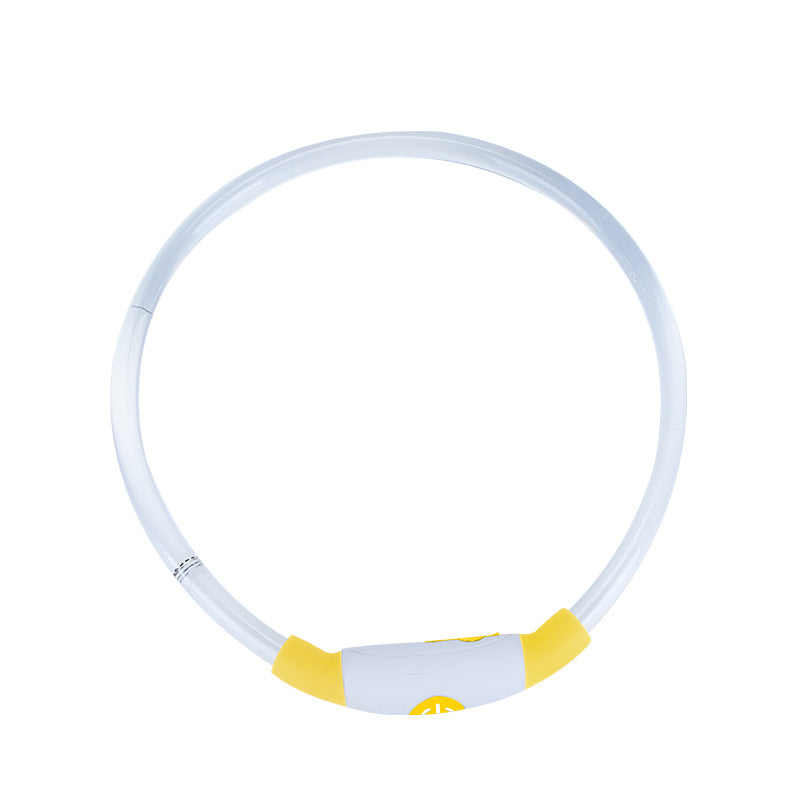 People and dogs wearing glowing PawGlow™ LED collars in low-light conditions