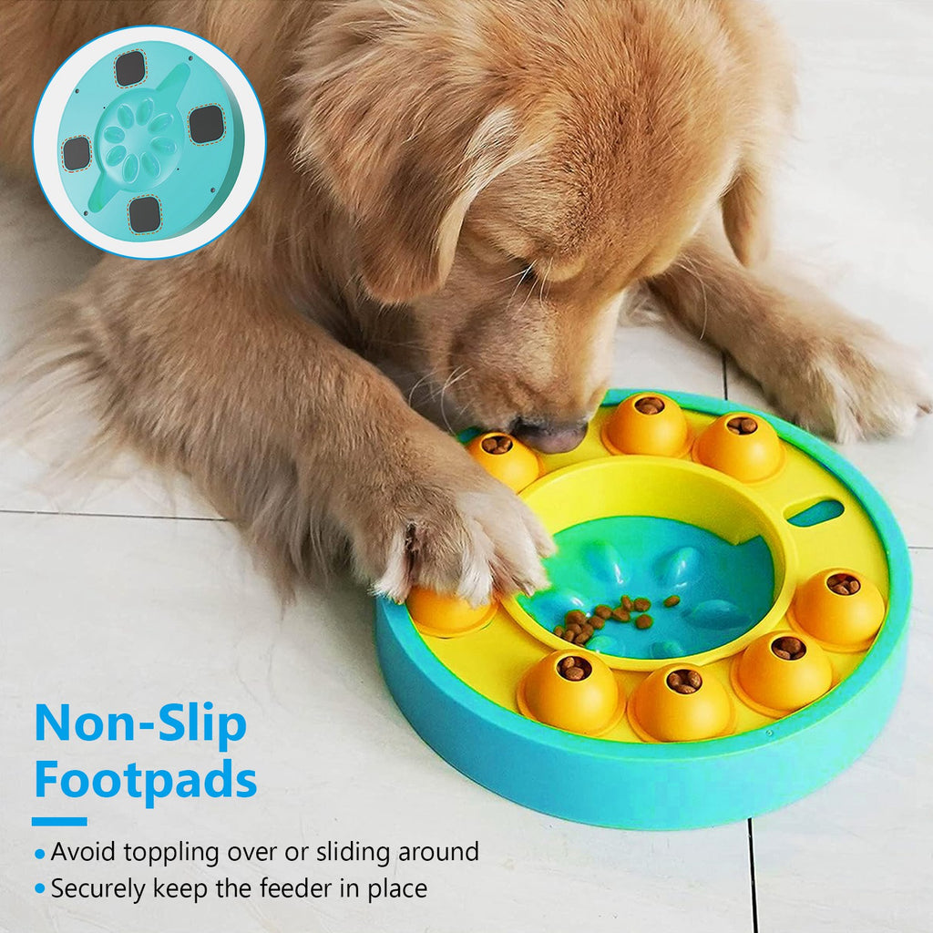 Dog using the PawPuzzle™ interactive slow feeder bowl during mealtime