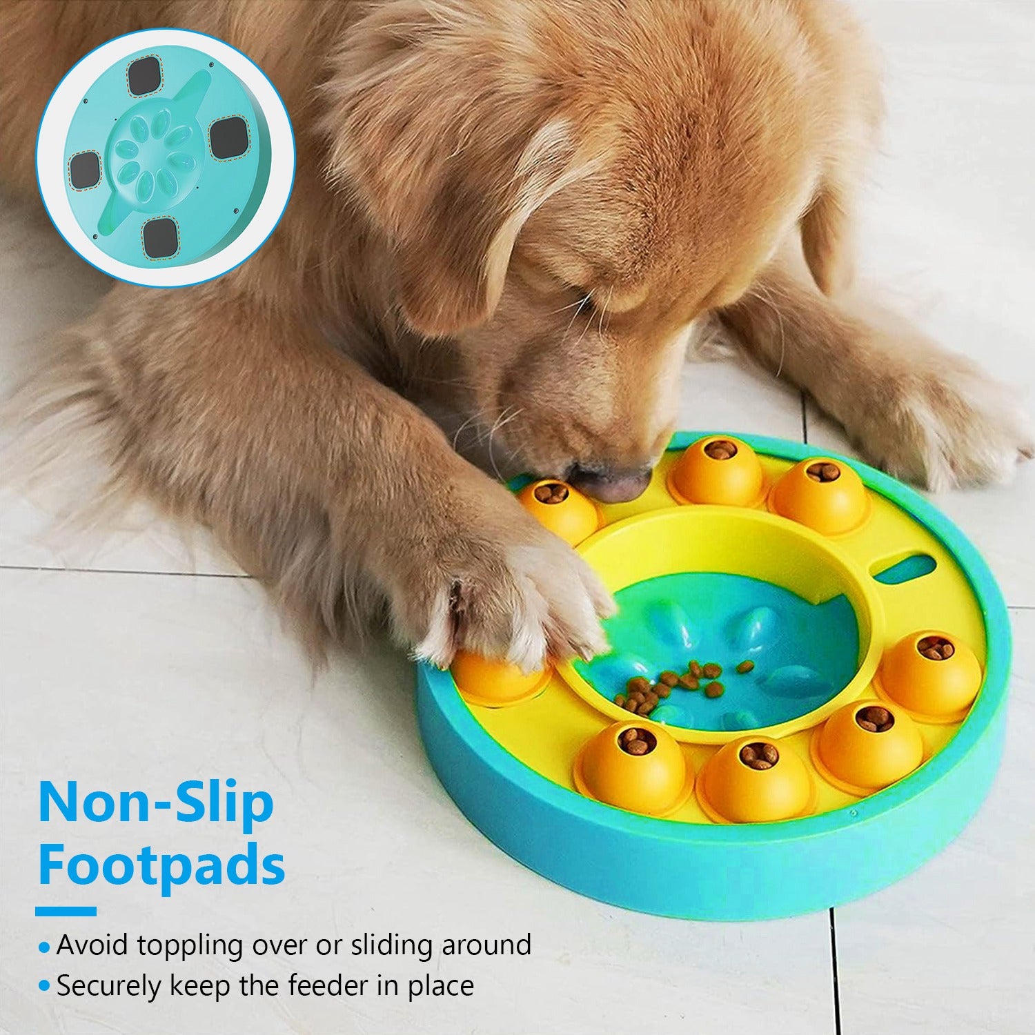 Dog using the PawPuzzle™ interactive slow feeder bowl during mealtime