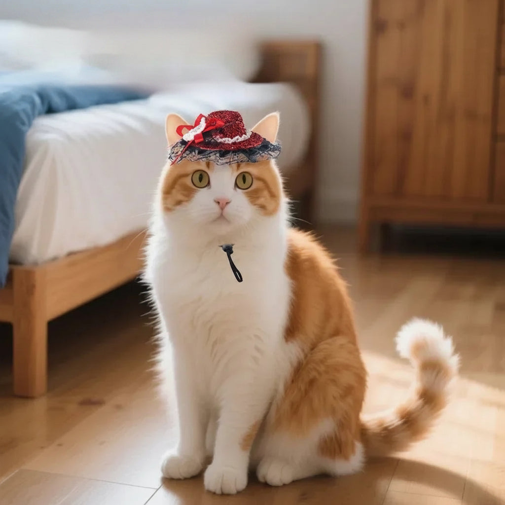 Adorable white cat wearing a stylish blue glittery hat with a bow, sitting on a hardwood floor.