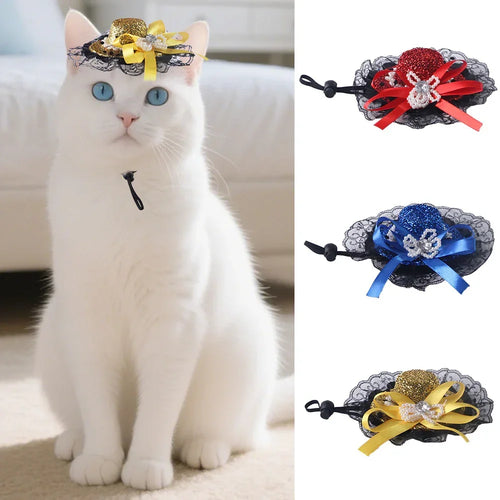 Adorable white cat wearing a stylish blue glittery hat with a bow, sitting on a hardwood floor.