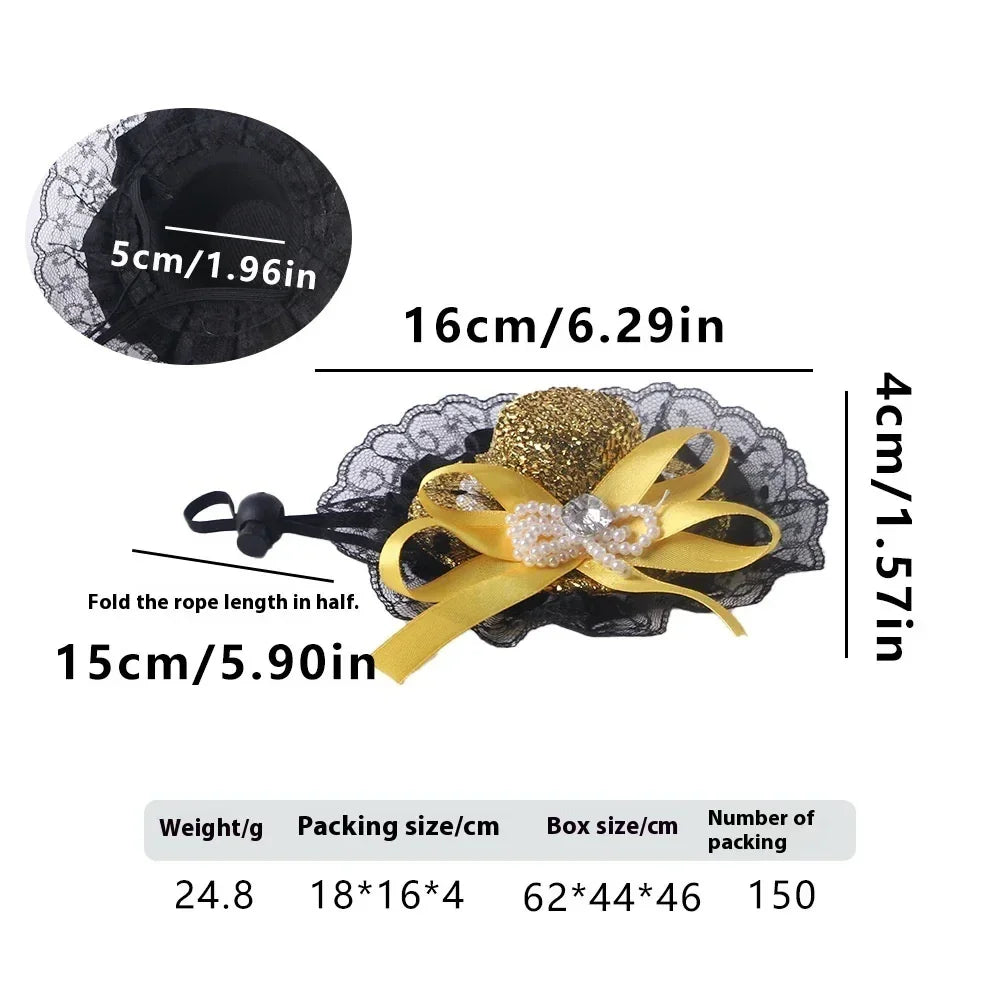Black lace pet bow with gold glitter ball, yellow ribbon, and pearl accent, measuring 16cm wide